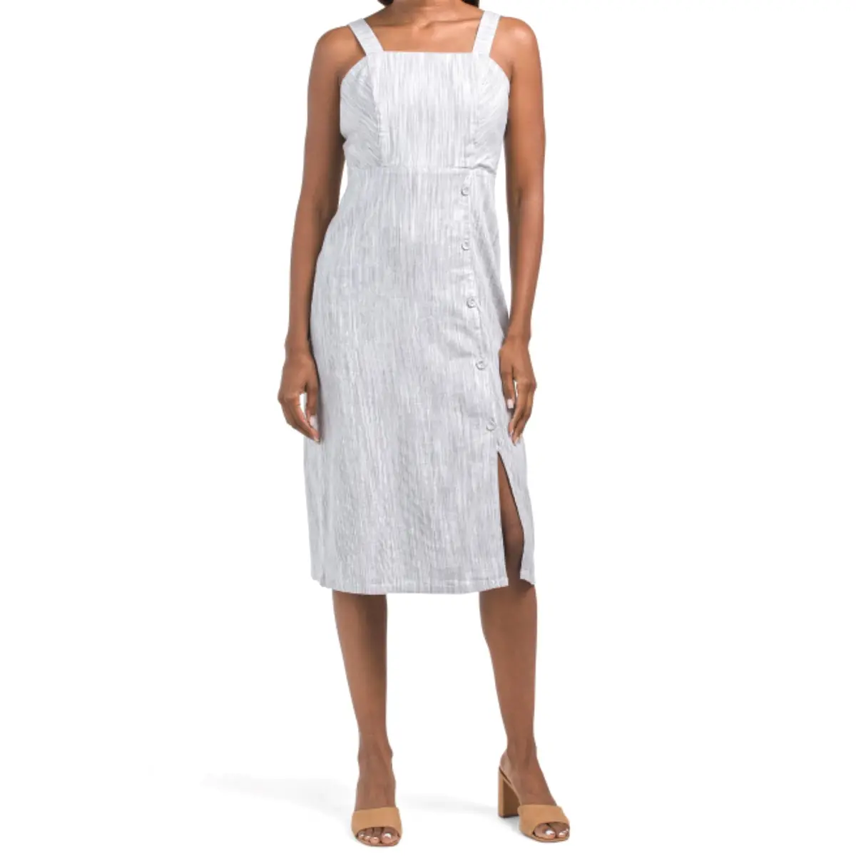 Tahari Linen Strappy Button Closure Stretch Striped Midi Dress 1