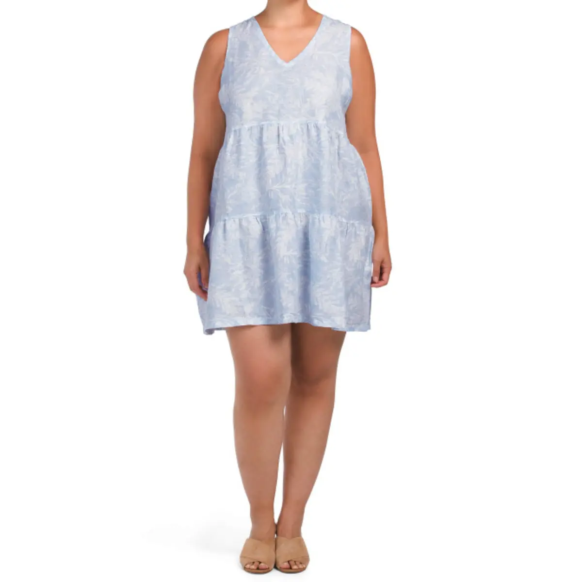 Tahari Women's Plus Linen Floral Print Sleeveless Tiered Mini Dress 1