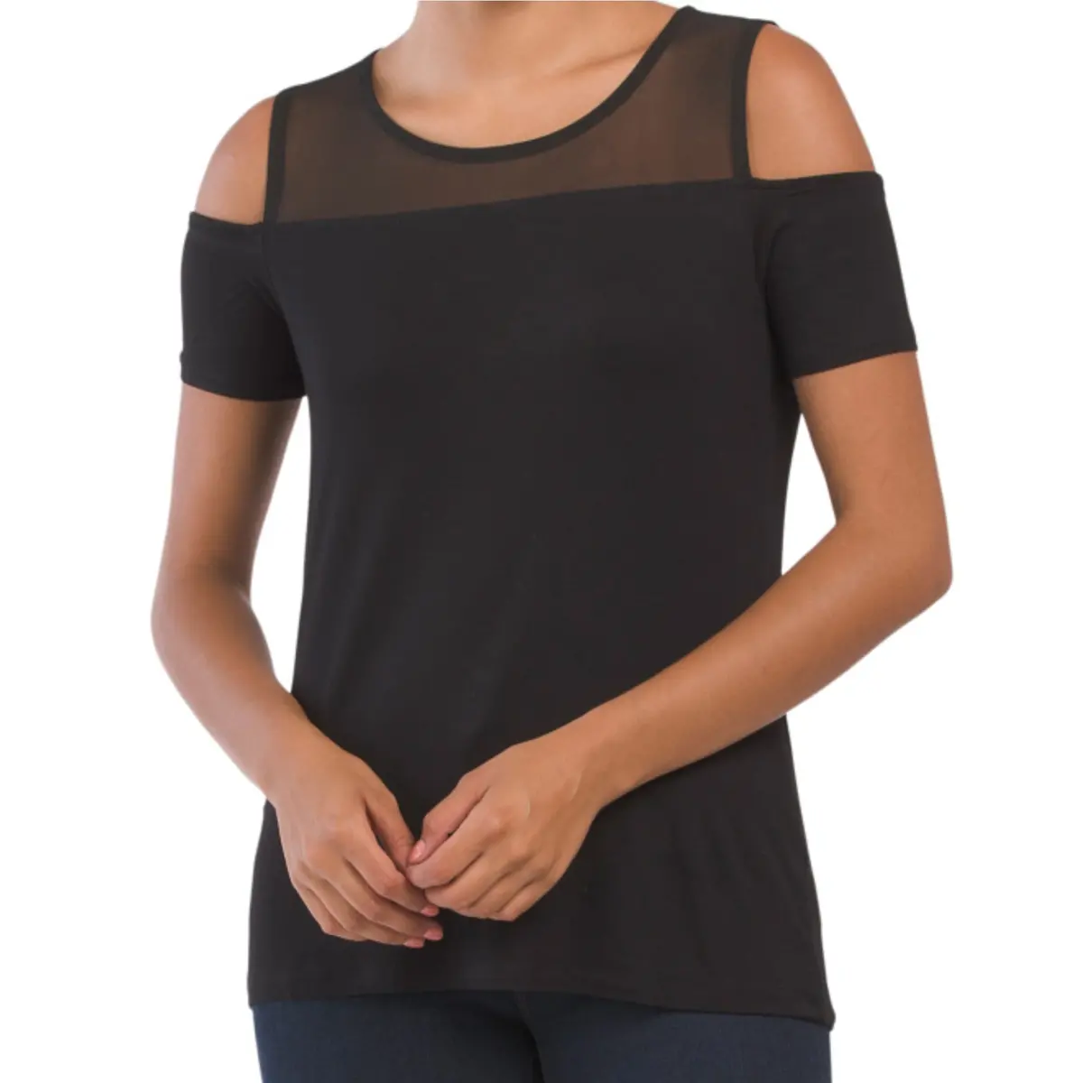Tahari Women's Short Sleeve Cold Shoulder Mesh Yoke Top 1