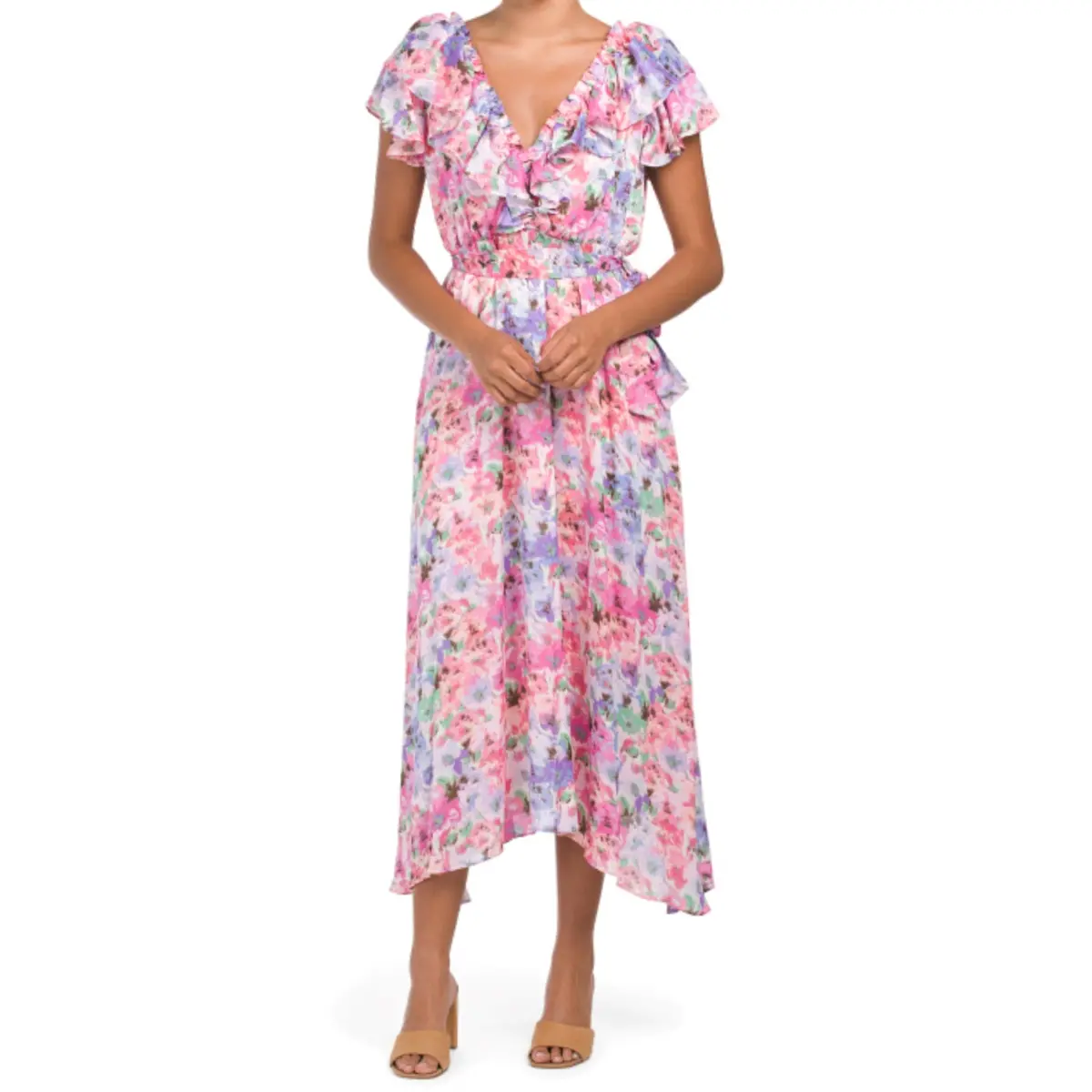 Taylor V-Neck Floral Print Flutter Sleeve Hi-Low Hem Maxi Dress 1