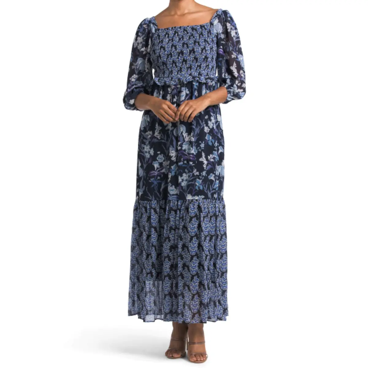 Taylor Women's Floral Mixed Print Smocked Top Tiered Maxi Dress 1
