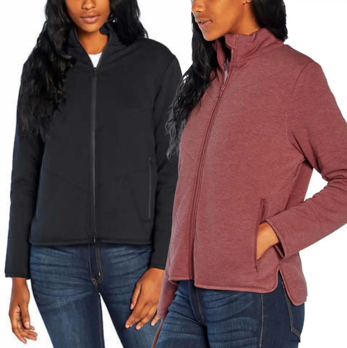 Three Dots Cozy Midweight Insulated Quilted High Low Hem Zip Jacket 1