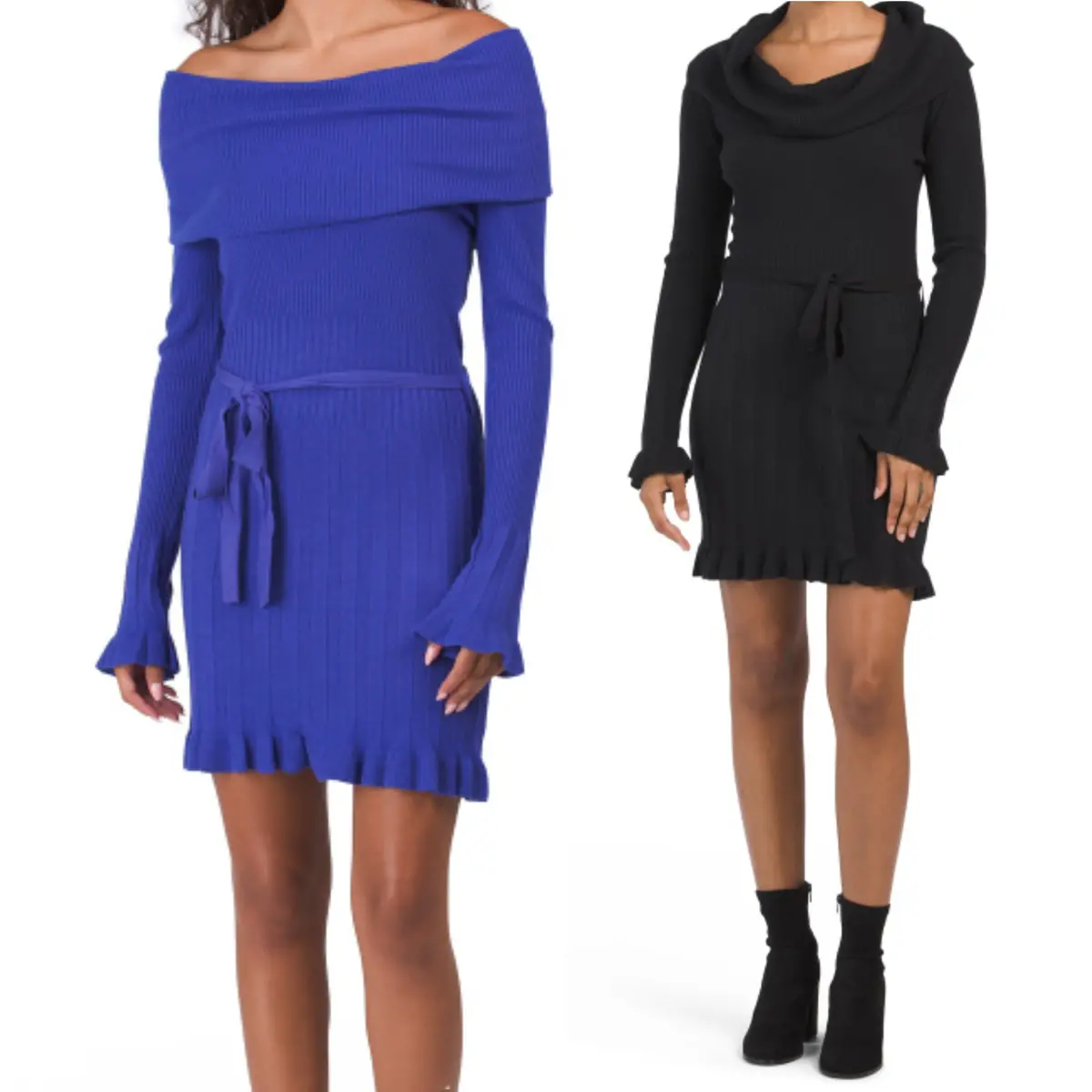 Vertigo Cowl Neck Pleated Skirt Waist Tie Ribbed Knit Mini Dress 1