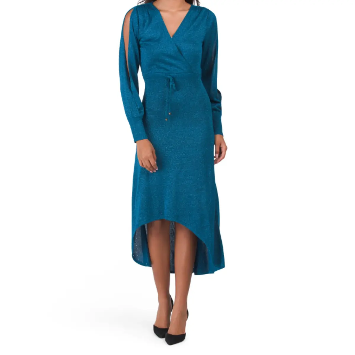 Vertigo Paris Surplice V-Neck Split Sleeve Hi-Low Hem Metallic Shimmer Party Midi Dress 1