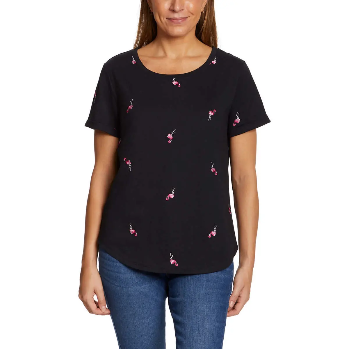 Vintage America Women's Flamingos Embroidered Relaxed Fit Tee Lightweight Cotton Blend T-Shirt 1