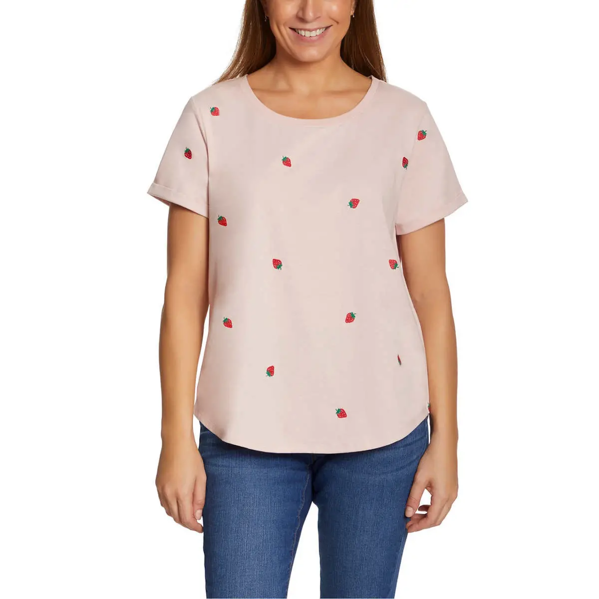 Vintage America Women's Strawberries Embroidered Relaxed Fit Tee Lightweight Cotton Blend T-Shirt 1