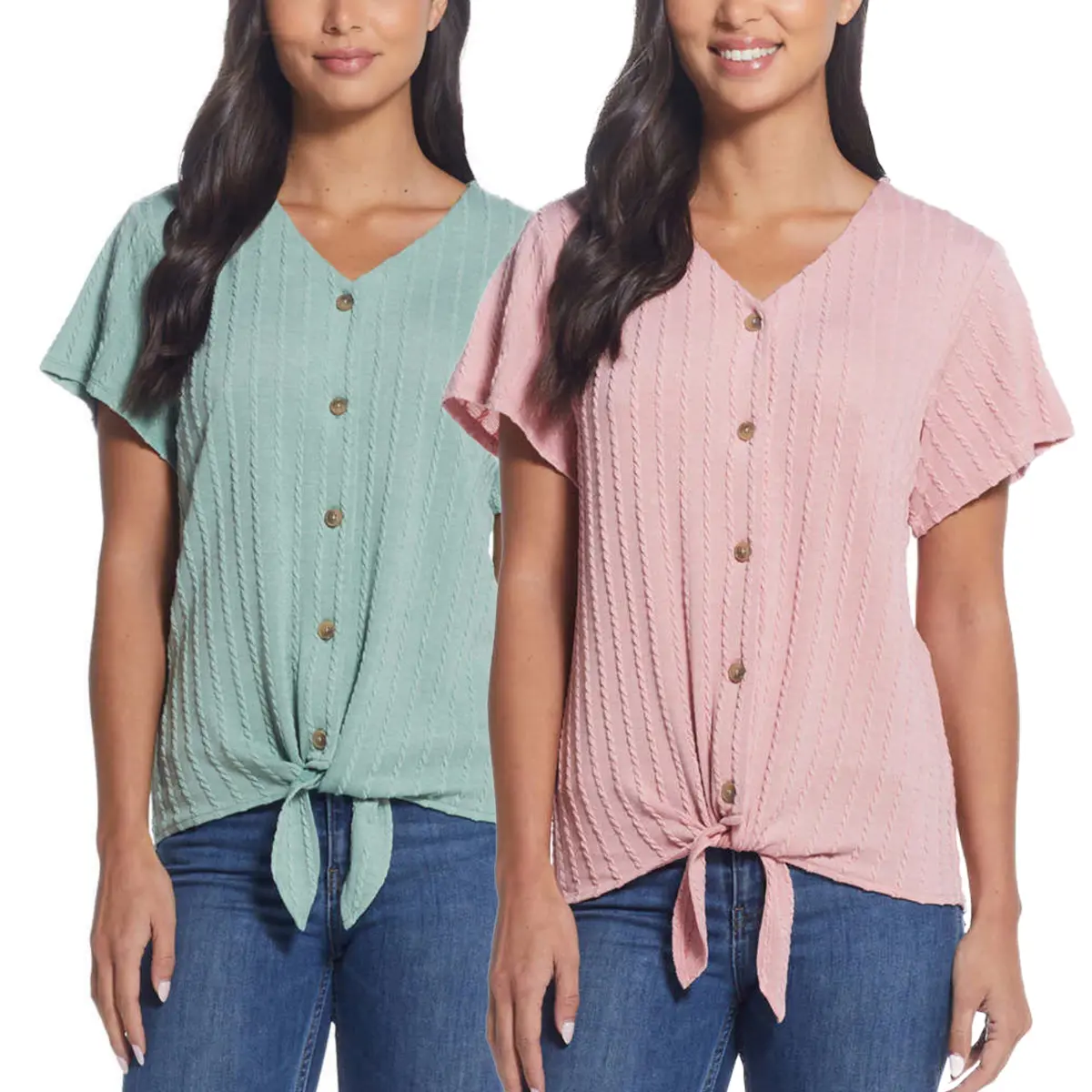 Weatherproof Vintage Women's Tie Front T-Shirt V-Neck Braided Knit Top 1