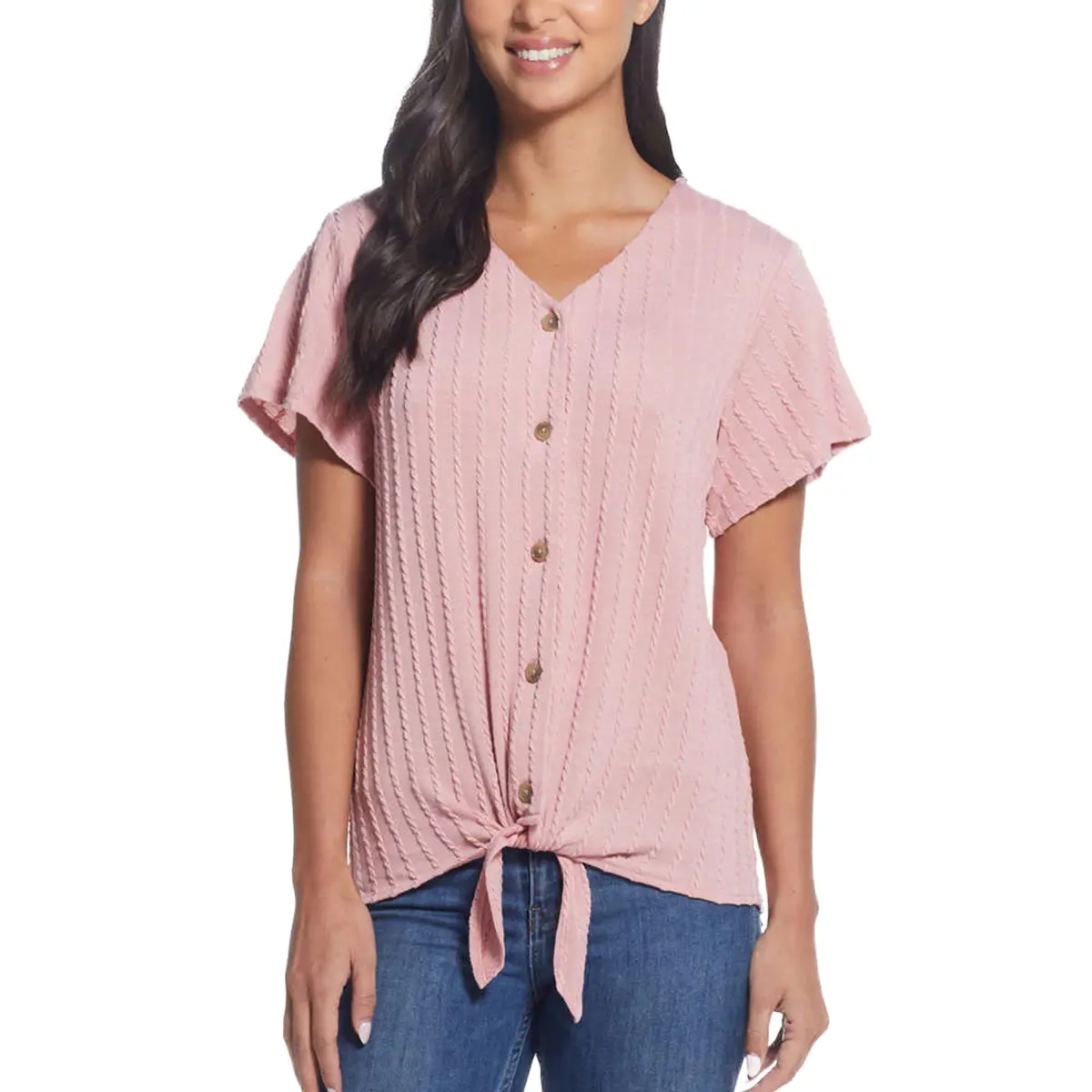 Weatherproof Vintage Women's Tie Front T-Shirt V-Neck Braided Knit Top 1