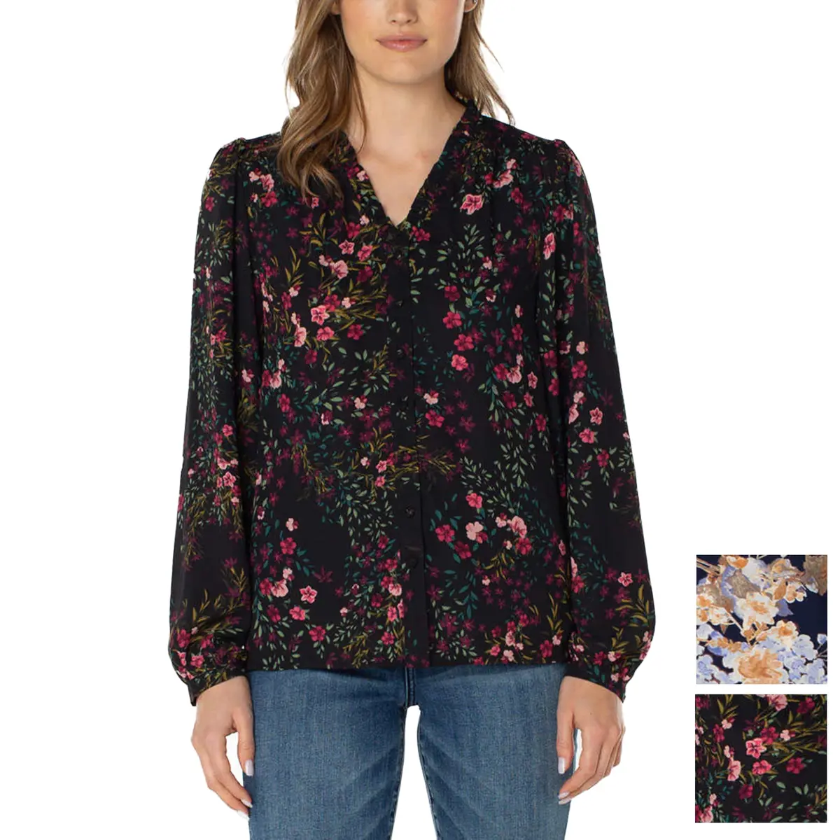 Well Worn Women's Floral Print Ruffle Neck Lightweight Button Front Blouse 1