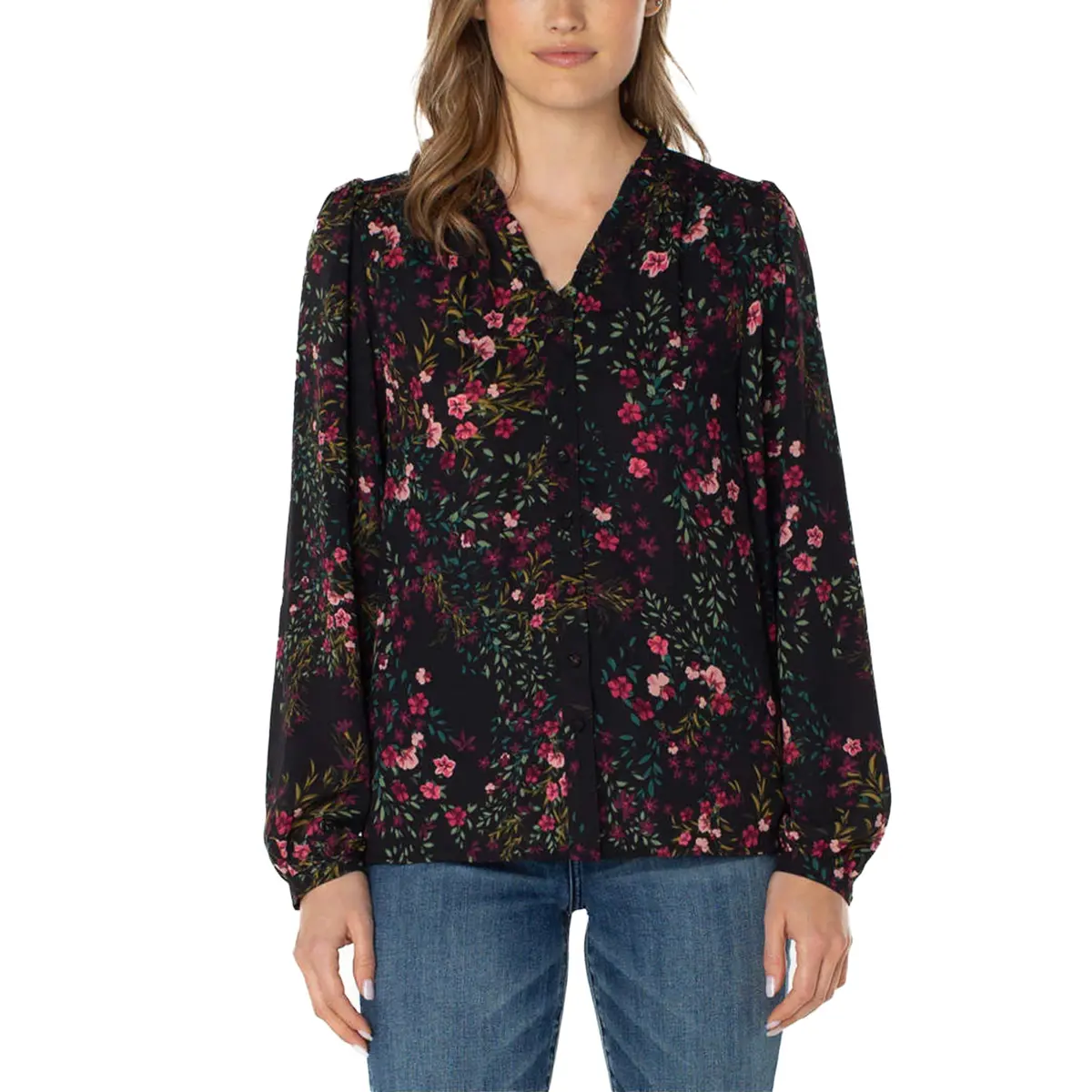 Well Worn Women's Floral Print Ruffle Neck Lightweight Button Front Blouse 1