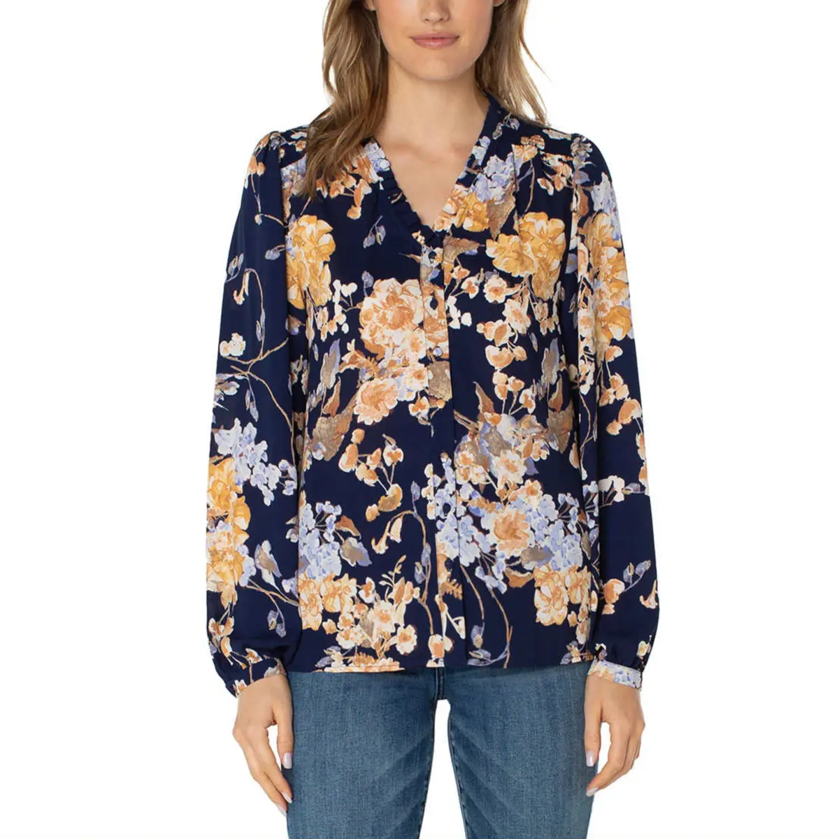 Well Worn Women's Floral Print Ruffle Neck Lightweight Button Front Blouse 1