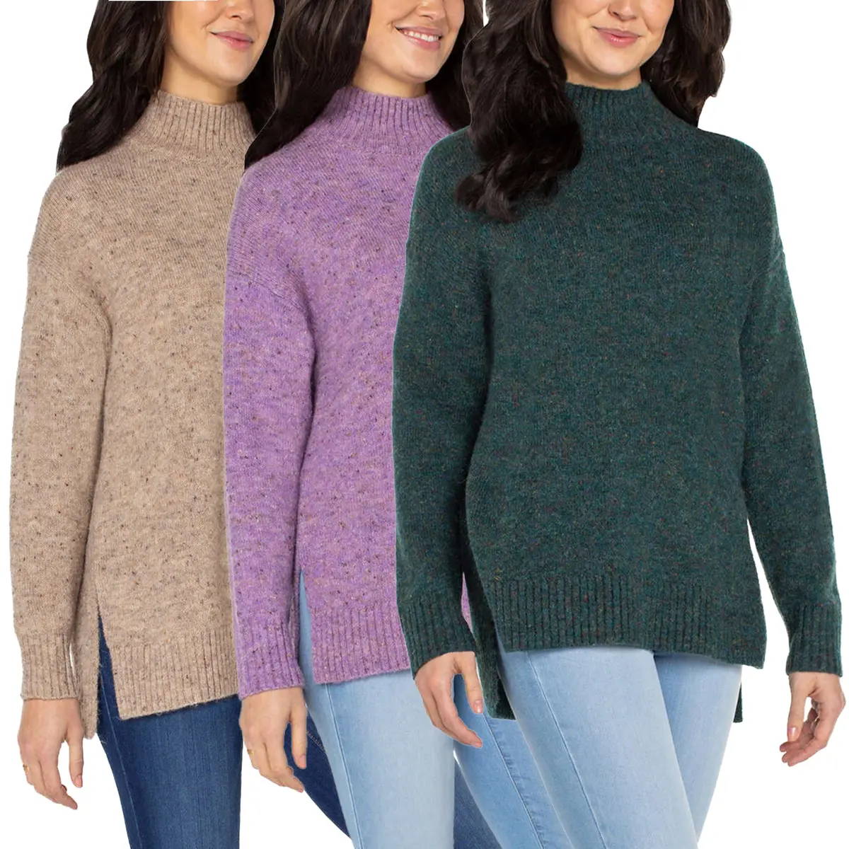 Well Worn Women's Mock Neck High Low Hem Cozy Soft Nep Yarn Sweater 1