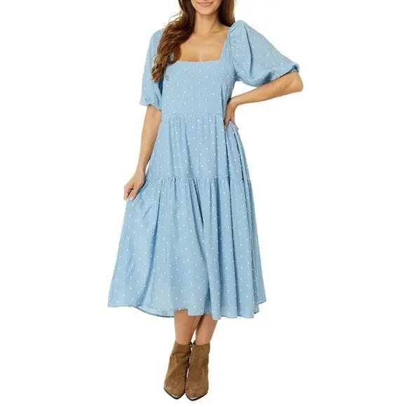 Moon River Clip Dot Cut-Out Tie Closure Back Tiered Midi Dress 1