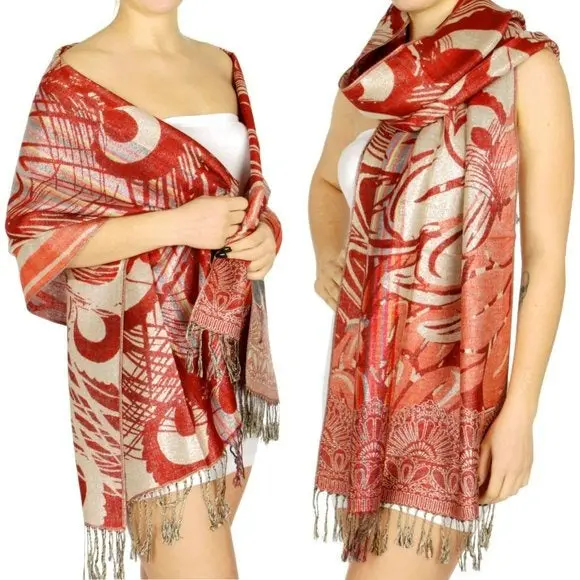 Pashmina Reversible Peacock's Feather Fringed Pashmina Shawl Evening Wrap 1