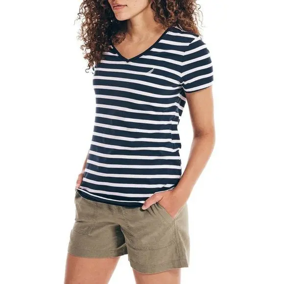 Nautica Women's V-Neck Stripe Logo Tee Soft Cotton Jersey T-Shirt 1