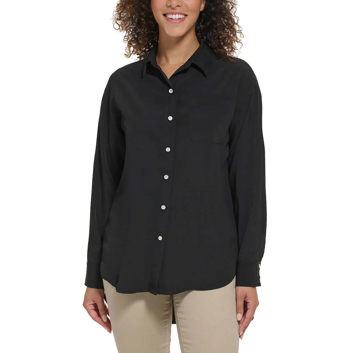 Karl Lagerfeld Women's High-Low Hem Button Front Shirt Long Sleeve Tunic Blouse 1