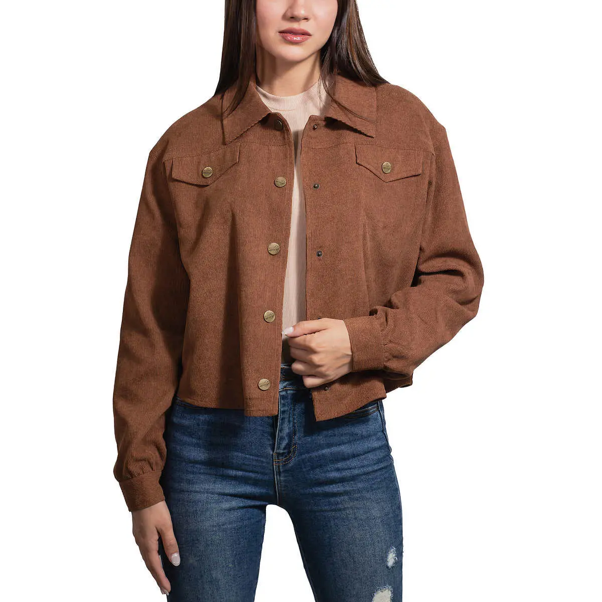 Wrangler Women's Lightweight Corduroy Cropped Snap Button Up Shirt Jacket 1