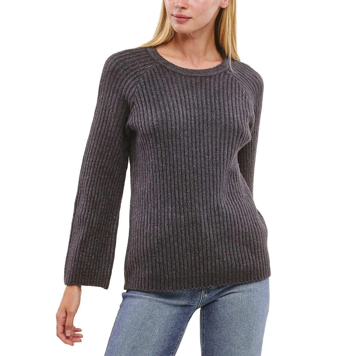 Fever Women's Bell Sleeve Soft Marled Ribbed Knit Crewneck Sweater 1
