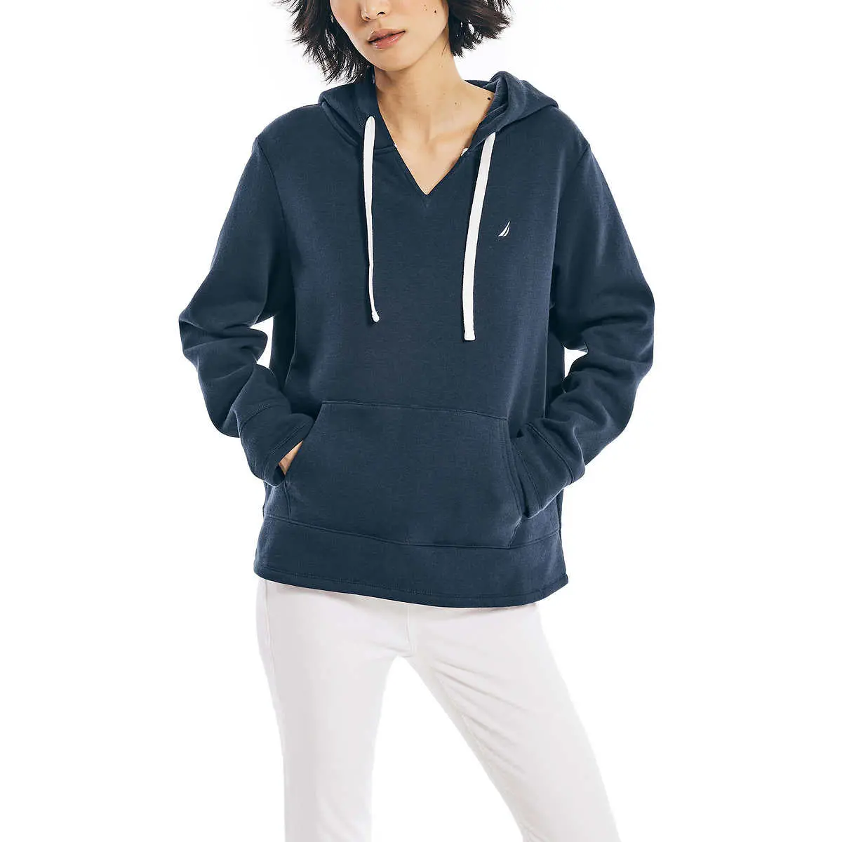 Nautica Women's V-Neck Kangaroo Front Pocket Sweatshirt Cotton Blend Hoodie 1