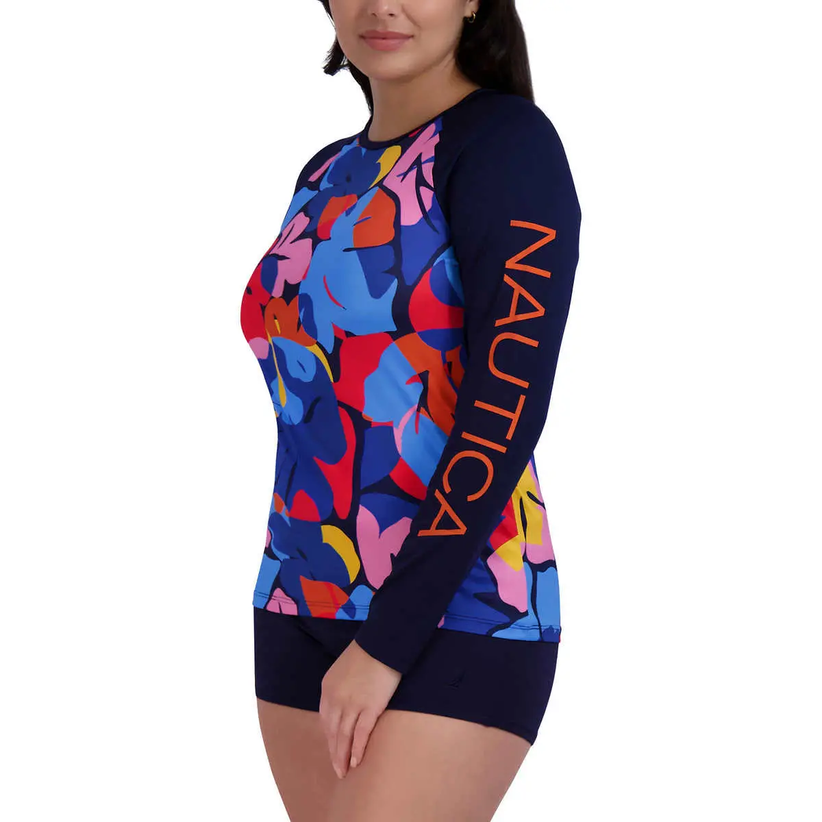 Nautica Women's Long Sleeve Floral Graphic Print Upf 30+ Beach Swim Rashguard Top 1