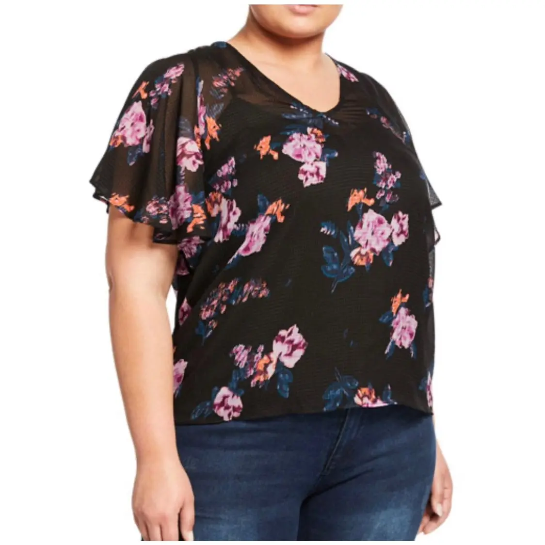 Rachel Rachel Roy Women's Plus Flutter Sleeves Floral Print Blouse Top 1